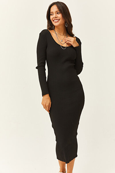 Olalook Kadın Siyah Geniş Yaka Fitilli Esnek Midi Triko Elbise ELB-19002005