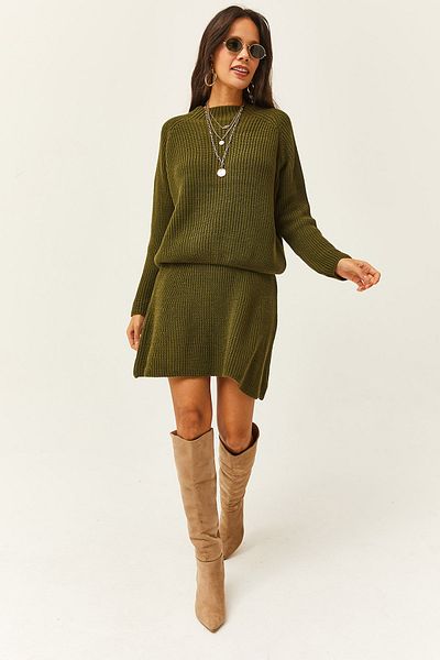 Olalook Women's Khaki Top Sweater Bottom Mini Flared Skirt Knitwear Suit TKM-19000248