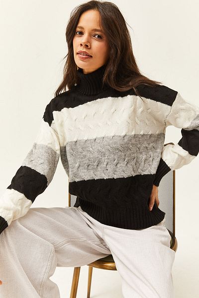 Olalook Schwarzer Haarzopf für Damen, detaillierter gestreifter, weich strukturierter Strickpullover KZK-19000686