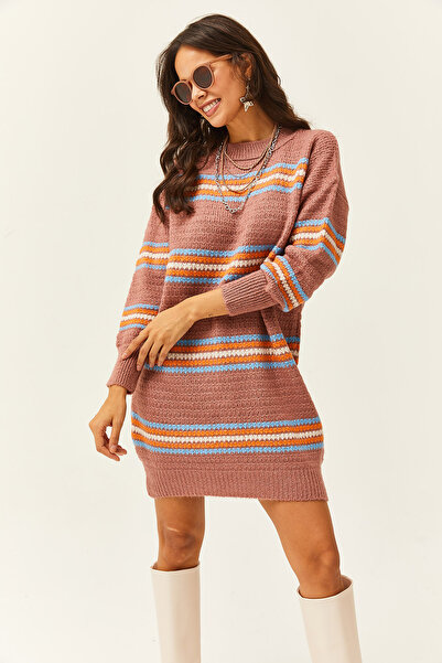 Olalook Kadın Gül Kurusu Renk Şeritli Yumuşak Dokulu Triko Tunik Elbise ELB-19001985