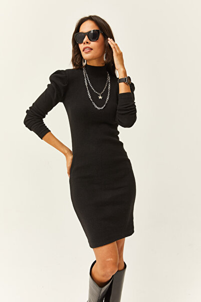 Olalook Dámské černé minišaty s polovičním rolákem princezna s vyvýšeným rukávem ELB-19002006