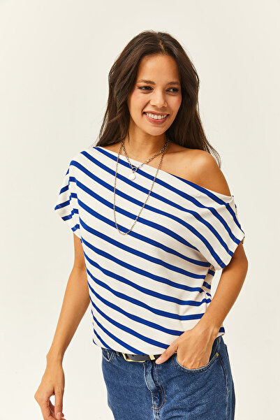 Olalook Női Saks kék csíkos részeg galléros prémium puha tapintású rugalmas blúz BLZ-19002450