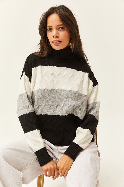 Olalook Schwarzer Haarzopf für Damen, detaillierter gestreifter, weich strukturierter Strickpullover KZK-19000686