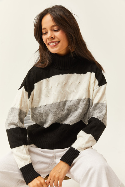 Olalook Pulover de damă din tricotaje cu textura moale cu dungi cu împletitură de păr negru KZK-19000686