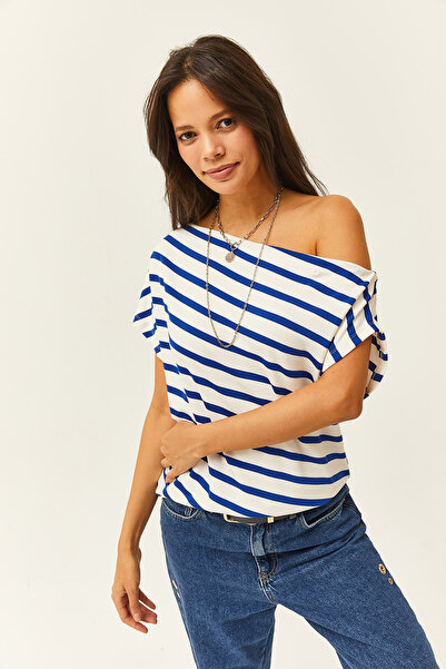 Olalook Női Saks kék csíkos részeg galléros prémium puha tapintású rugalmas blúz BLZ-19002450