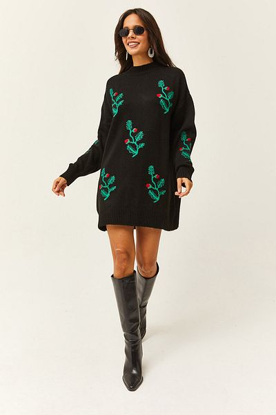 Olalook Damen-Tunikakleid aus weichem, strukturiertem Strick mit Blumenmuster in Schwarz ELB-19002003