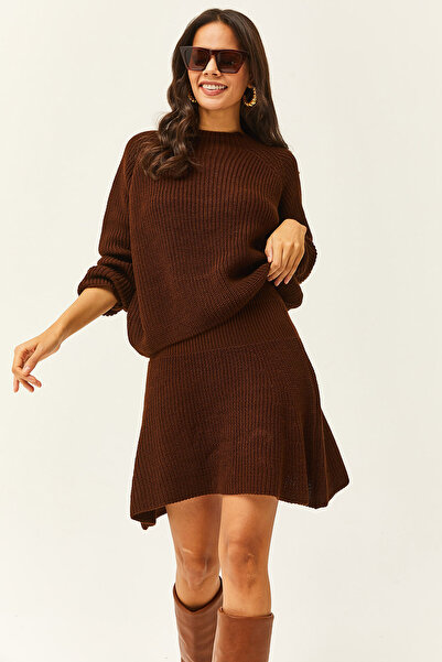 Olalook Дамски горен кафяв горен пуловер с долна мини разкроена пола Трикотажен костюм TKM-19000248