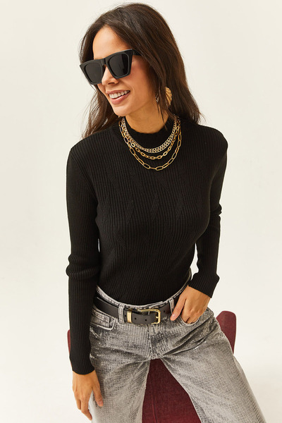 Olalook Pulover de damă, negru, cu detalii în zig-zag, tricot pescar, KZK-19000488