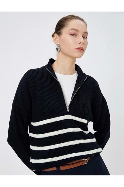 Koton Knitwear Sweater Half Zipper Stand Collar Long Sleeve 4wal90076ht Navy Blue Striped