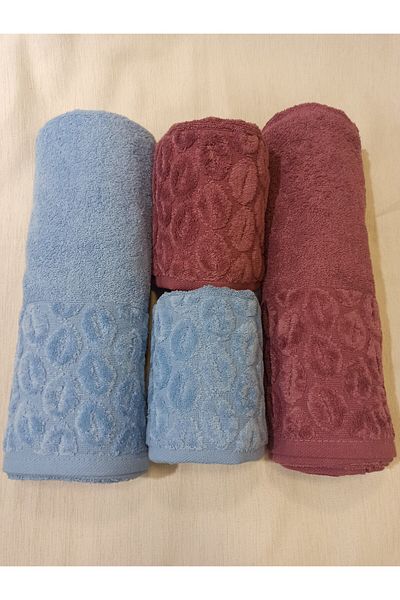 ŞENER HOME Σετ μπάνιου 4 τεμαχίων Blue & Dusty Rose Mussel - Πετσέτα μπάνιου και κεφαλιού