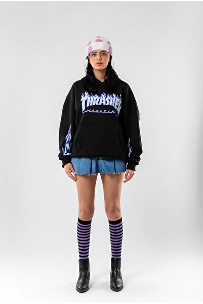 Bak Moda Crna unisex majica sa kapuljačom Thrasher Flam sa printom, veće veli...