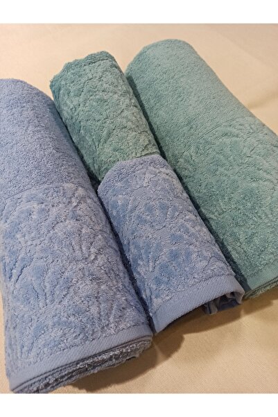 ŞENER HOME Набір для ванни з 4-ма рушниками Midye, рушник для ванни та рушник для голови - синій та м'ятний