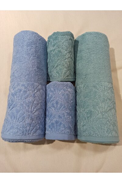 ŞENER HOME Набір для ванни з 4-ма рушниками Midye, рушник для ванни та рушник для голови - синій та м'ятний