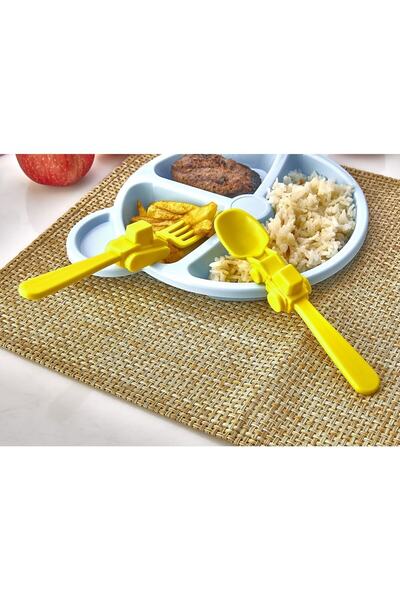 QesQin 3'lü Figürlü Şekilli Çocuk Tabak Çatal Kaşık Seti Çocuk Yemek Seti Ayı...