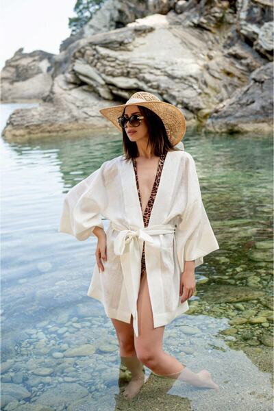 ELAF White Beachtalk Kısa Keten Kimono - Ma Lumière Collection
