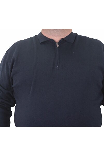 MocGrande Men's Plus Size Polo Collar Zippered Knitwear Sweater 23701 NAVY BLUE