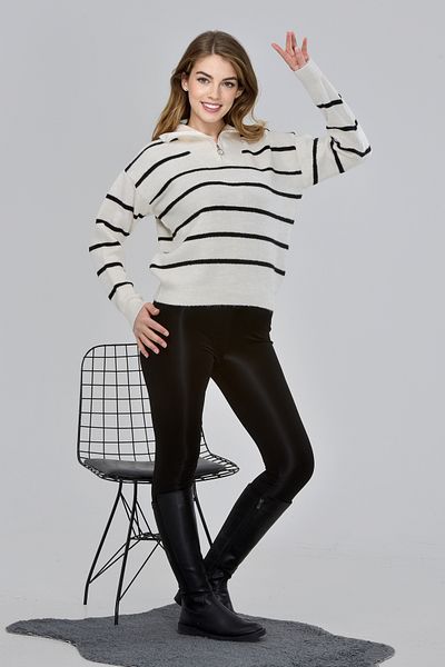 NYN TEKSTİL Women's Turtleneck Zippered Striped Sweater