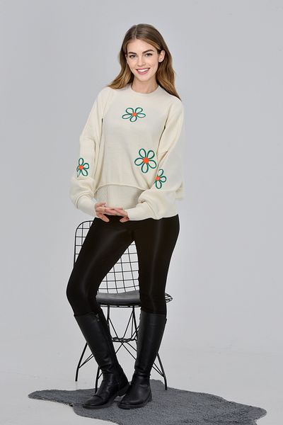 NOBLELOOK Pulover de tricotaj oversize cu broderie florală de damă