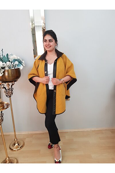 FERGAN WOMEN'S MUSTARD BROWN WOOL DOUBLE SIDED PONCH COAT