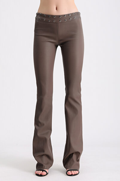 Leather Club Bej Trok Detaylı Deri Pantolon