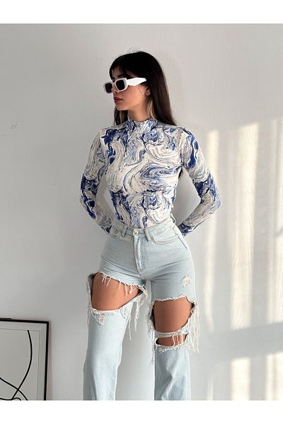 BE CHİC Bluză de damă, albastră, albă, cu model marmorat, cu jumătate de gât țestoasă BLZ1002