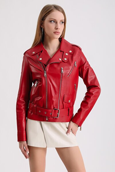 Leather Club Kırmızı Biker İkon Deri Ceket