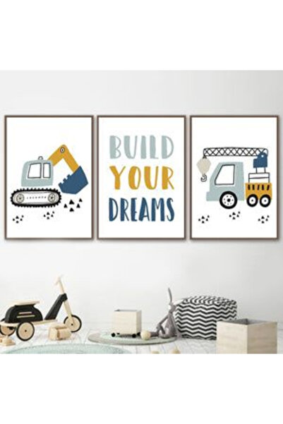 HiraEv Bebek Ve Çocuk Odası Duvar Tablosu 3'lü Set Build Your Dreams
