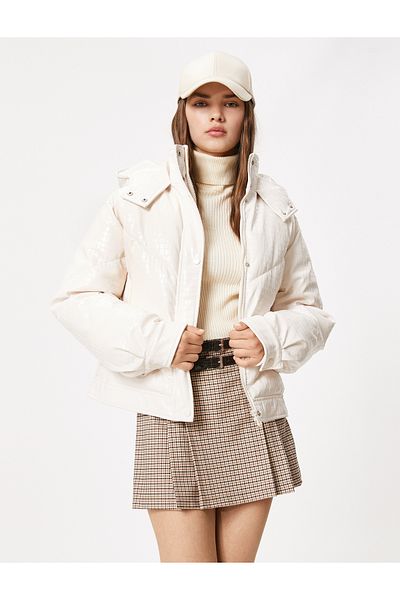 Koton Crocodile Coat Faux Leather Look Hooded Pocket Stand Collar