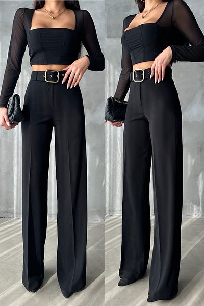 FEMELLE Pantaloni palazzo largi, negri, galbeni, cu cataramă, cu lycra
