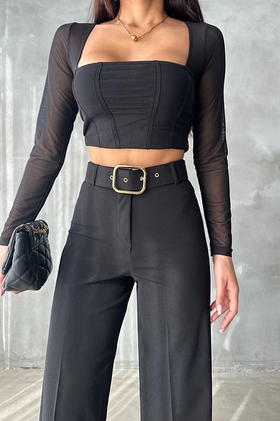 FEMELLE Pantaloni palazzo largi, negri, galbeni, cu cataramă, cu lycra