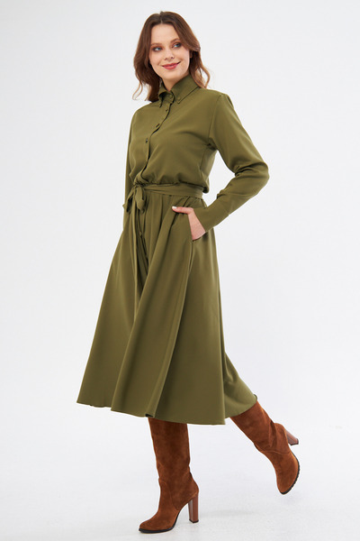 Bidoluelbise Φόρεμα πουκάμισο με μακρυμάνικο μίντι μήκος ελαστική μέση με τσέπες