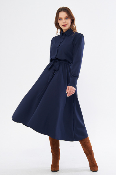 Bidoluelbise Uzun Kol Kuşaklı Midi Boy Beli Lastikli Cepli Gömlek Elbise