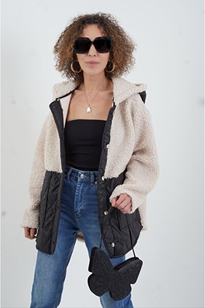 Zelish My Sister Palton de pluș cu glugă cu detaliu matlasat negru