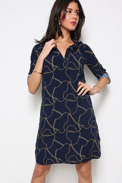 AVORWE Rochie cămașă cu nasturi cu model de lanț