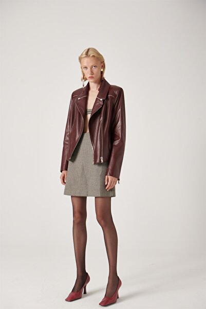 Cara Biker Deri Ceket Bordo