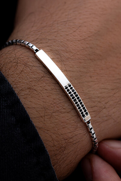 OSMANLI GÜMÜŞ Erkek Gümüş Bileklik - Siyah Zirkon Taşlı Blok Model Gümüş Bile...