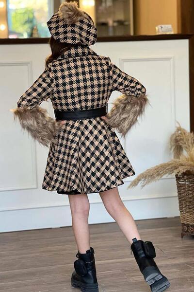 Riccotarz Girl's Beige Coat with Leather Skirt and Plush Square Pattern on Sleeves