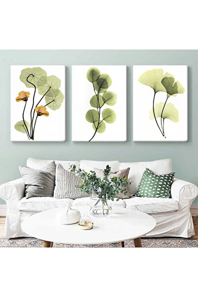 KOLAJTASARIM Bitkilerle Duvar Sanatı Yeşil Yapraklar Dekoratif Kanvas Üçlü Ta...