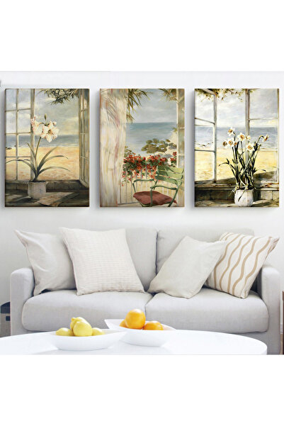 KOLAJTASARIM Pencere Kenarı Deniz Manzarası ve Çiçekler Yağlı Boya Dokulu Üçlü Kanvas Tablo Takımı