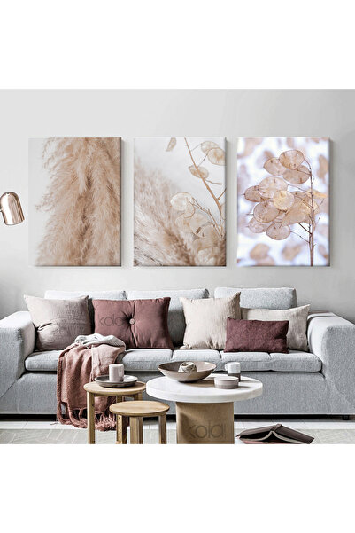 KOLAJTASARIM Soyut Çiçek Detayları Dekoratif 3 Parçalı Kanvas Tablo Seti