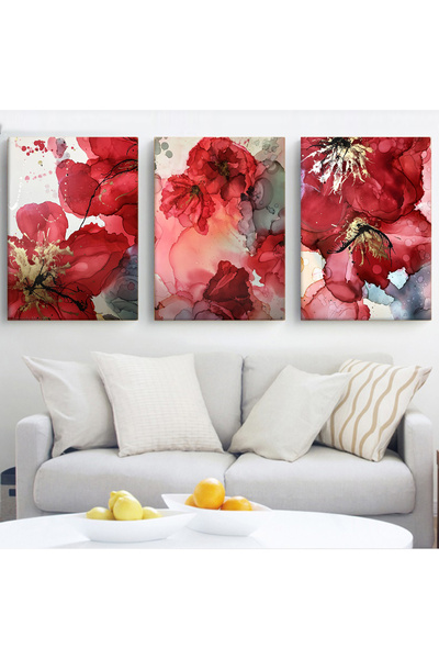KOLAJTASARIM Dekoratif Kırmızı Gelincik Çiçekleri Üçlü Kombin Kanvas Tablo Seti