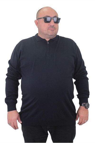 Starbattal Men's Plus Size Polo Collar Zippered Knitwear Sweater 23701 NAVY BLUE