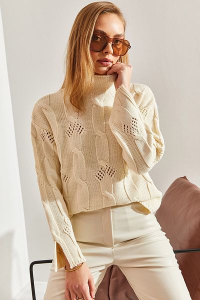 Bianco Lucci Gemusterter Strickpullover mit halbem Rollkragen für Damen