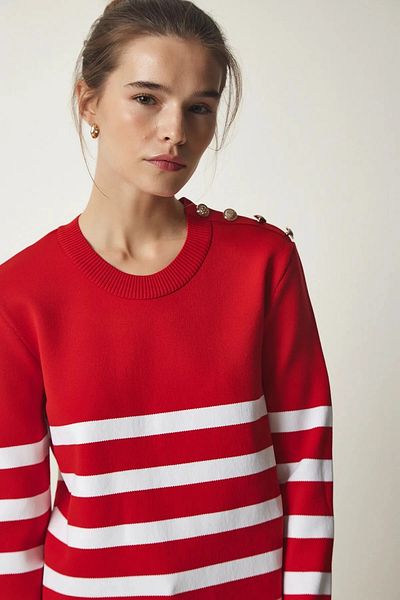 hazelin Women's Red White Striped Shoulder Detailed Crew Neck Sweater HZL24W-BD1102081