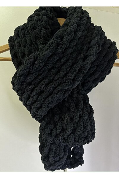 Puffy Atkı %100 El Örgüsü Yumuşacık Atkı Yünlü Uzun Siyah Unisex 180 * 19 Cm