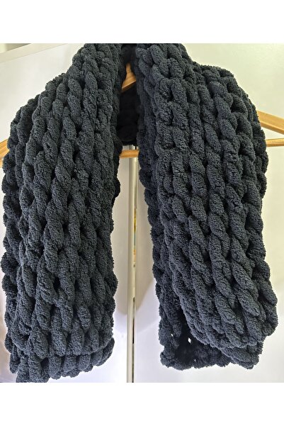 Puffy Atkı %100 El Örgüsü Yumuşacık Atkı Yünlü Uzun Siyah Unisex 180 * 19 Cm
