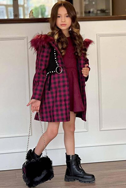 Riccotarz Girl's Hooded Plush Detailed Square Patterned Purple Coat