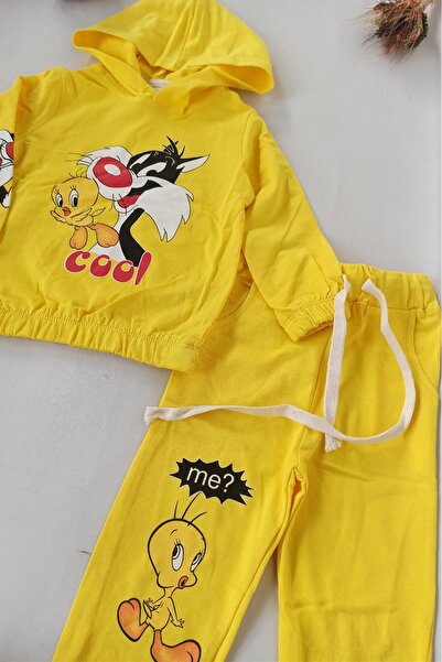 dubi baby Sarı Kapşonlu Civciv Cool Desen Çucuk Eşofman Takımı