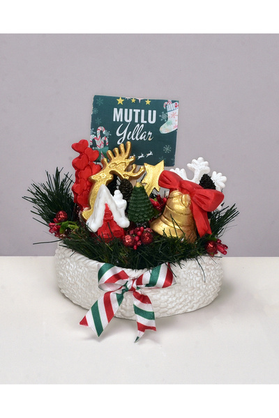 StoneGiftDesign Yılbaşı Mutlu Yıllar Çizgili Kurdela Kokulu Taş Çiçek Aranjmanı