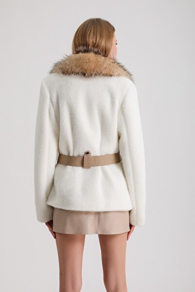Leather Club Leather Garnished Wool Coat with Ecru Fur Accessories